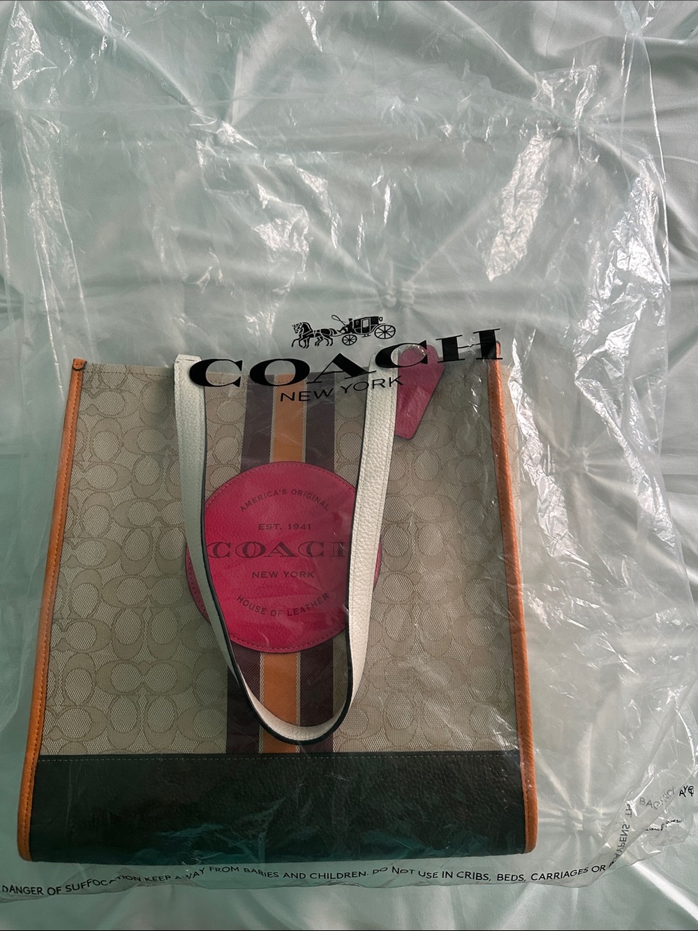 Coach Beige Signature Canvas Tote with Pink Patch and Orange Trim - Picture 12 of 12